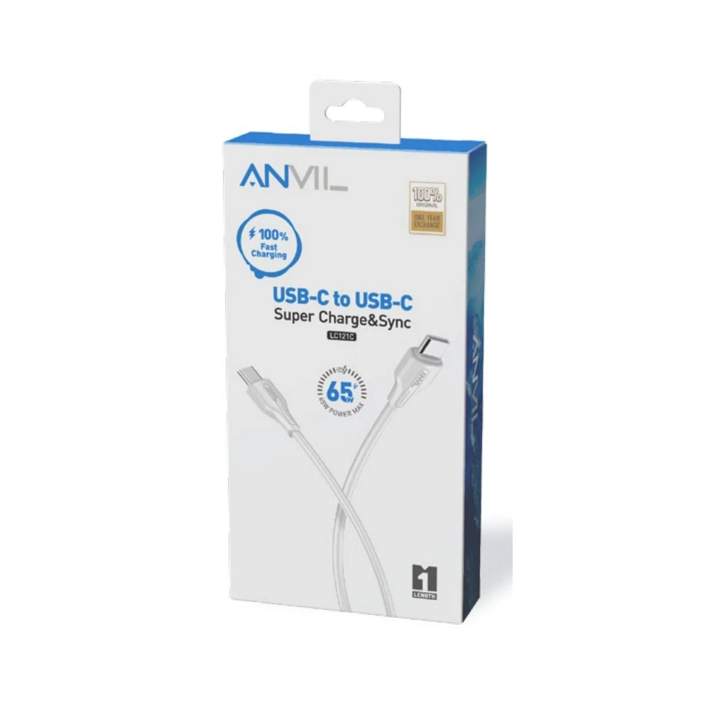 כבל סנכרון וטעינה מהיר טייפ-סי לטייפ-סי 65W PD אורך 1 מטר ANVIL